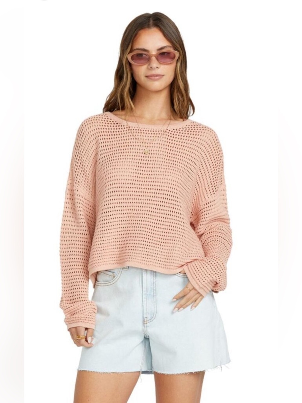 Doe & Rae Crochet Knit Sweater Light Pink, size L, like new!